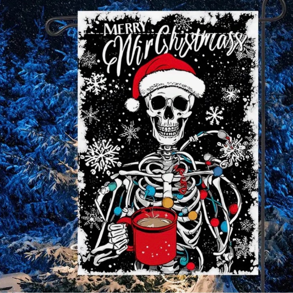 Merry Christmas Skeleton Black Garden Flag Snowflakes Hot Chocolate String Light